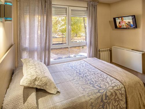 阿兰约兹里尔阿兰胡埃斯旅馆的卧室在窗户前配有一张床