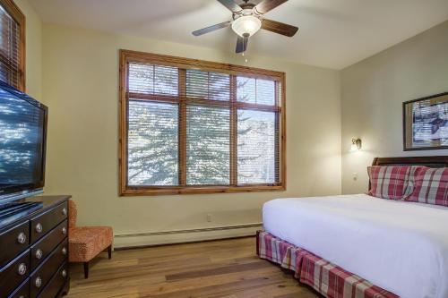 爱德华兹Arrowhead Village E9VT的一间卧室设有一张床、一台电视和一个窗口。