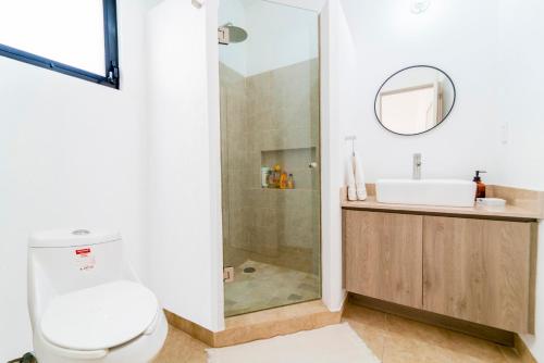 圣米格尔-德阿连德Casa radiante en San Miguel de Allende的带淋浴、卫生间和盥洗盆的浴室