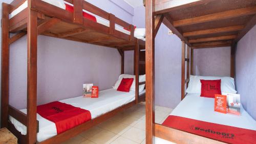 HamticRedDoorz @ Golden Travellers Inn Antique的配有红色和白色床单的客房内的两张双层床
