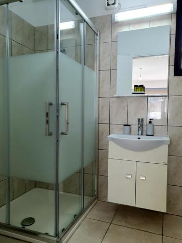 帕福斯Valentina Apartments的一间带玻璃淋浴和水槽的浴室