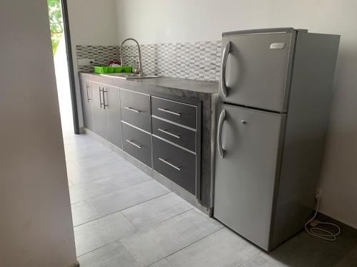 恩加帕鲁Studio Les Hirondelles的厨房配有不锈钢冰箱和台面