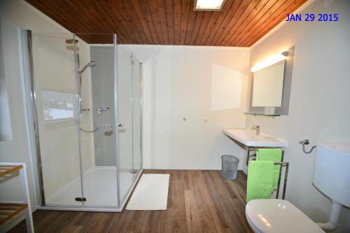 Embach勒切特艾勒尔公寓的带淋浴和盥洗盆的浴室