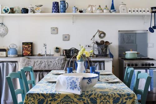 切尔诺比奥F&F vista Lago的厨房配有一张带蓝白桌布的桌子