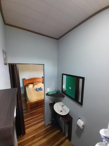 福尔图纳Bungalow Batsù的一间带水槽和镜子的浴室以及一张床