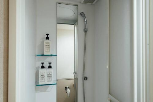 东京Bird Place log Tokyo #KS1的浴室设有镜子和带2个肥皂机的淋浴