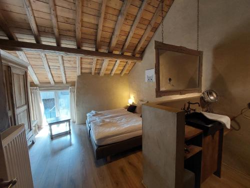 布尔格-罗伊兰德Refuge des Sottais的一间设有床铺和镜子的房间