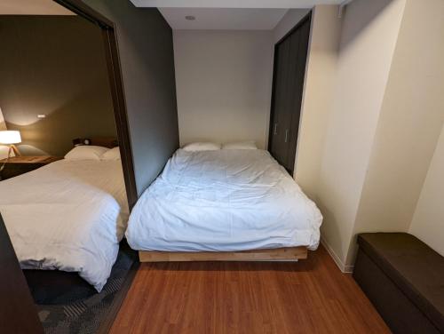 东京Amber Iidabashi的一间小卧室,配有两张床和镜子