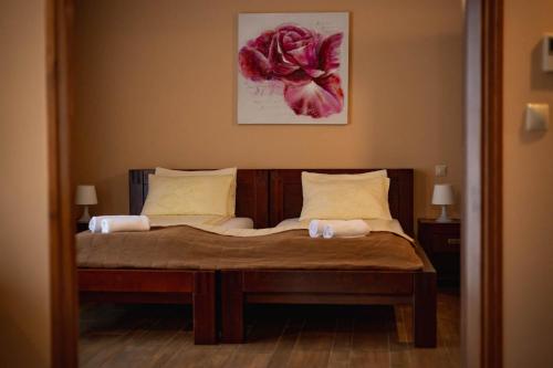 塞格德玛雅住宿加早餐旅馆的卧室配有一张挂着红花的床。