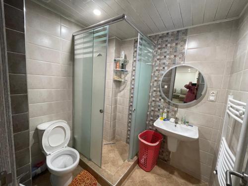 奥兰Residence safwa的一间带卫生间、水槽和镜子的浴室