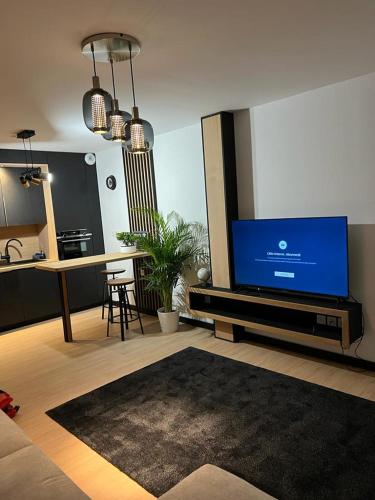 摩兰吉斯Appartement Neuf- Morangis-Orly的一间带大电视的客厅和一间厨房