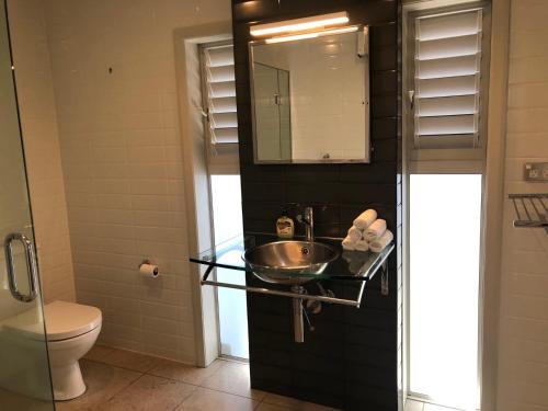 奥克兰Private Luxury Waterfront Spa Villa的一间带水槽和卫生间的浴室