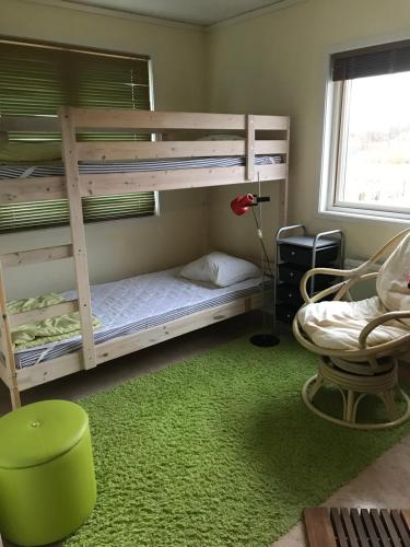 NösundNösund Holiday Home的一间卧室设有两张双层床,铺有绿色地毯。