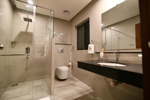伊斯兰堡Royal Regency Hotel的一间带水槽、淋浴和卫生间的浴室