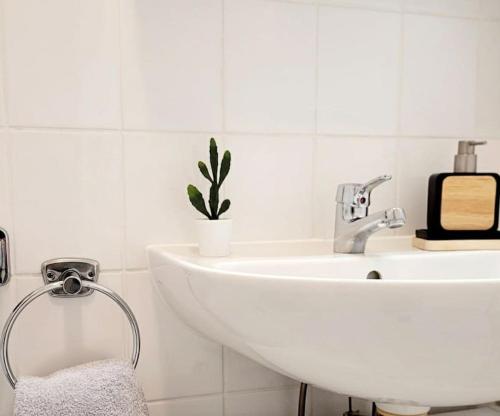 德累斯顿Gemütliches helles Appartement的白色的浴室设有水槽和镜子