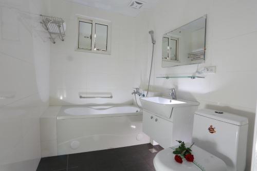 罗东镇国城饭店 的白色的浴室设有水槽和卫生间。