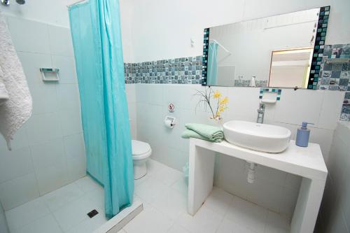 格兰德岛Isla Tijereto的一间带水槽、卫生间和淋浴的浴室