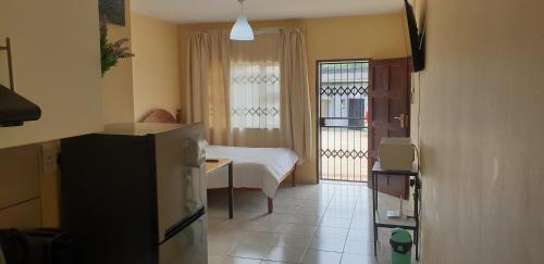 曼齐尼Manzini, Park Vills Apartment, No 103的客房设有带一张床和一台冰箱的房间