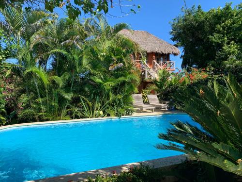 喀巴里特Surfbreak B&B的一个带游泳池和小屋的度假村