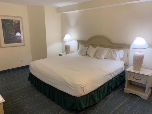 代托纳海滩Coastal Hideaway Oceanview Condo的酒店客房设有一张大床和两盏灯