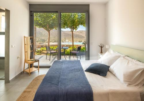 依拉佩特拉Haven Villa的一间卧室配有一张床,享有庭院的景色
