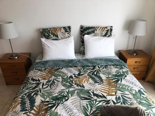 丰沙尔Ocean Dream Apartment的一间卧室配有一张带绿色和白色棉被的床