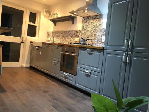 贝尔法斯特Home on Hamill Street的一间铺有木地板并配有不锈钢用具的大厨房