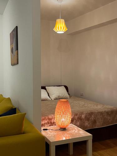 斯科普里Modern Rajcikk Apartment nearby downtown & Vardar river的一间卧室配有一张床和一张桌子上的台灯