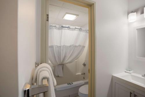 普雷斯克岛SureStay Hotel by Best Western Presque Isle的带淋浴、卫生间和盥洗盆的浴室