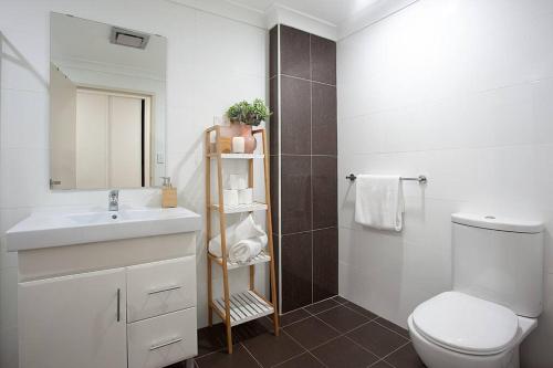 悉尼Huge 3 Bed Camperdown Garden Apt w Parking Aircon的一间带水槽、卫生间和镜子的浴室
