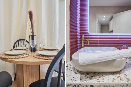 巴黎Apartment Notre Dame de Paris by Studio prestige的客房内的浴室设有桌子和浴缸