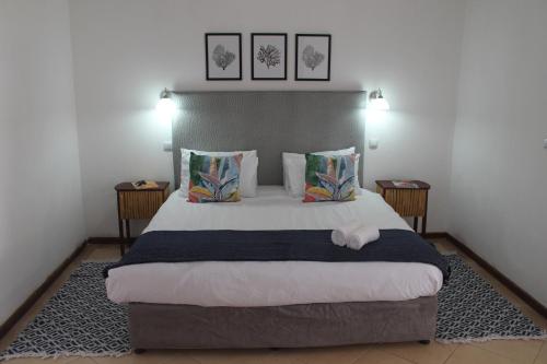 奔巴岛Wharf Side Inn的一间卧室配有一张大床和两个枕头
