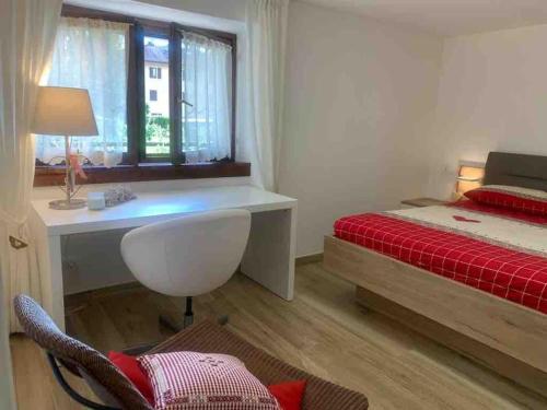 平佐洛Pinzolo, grazioso appartamento, wellness a 100 metri的一间卧室配有一张床、一张书桌和一个窗户。