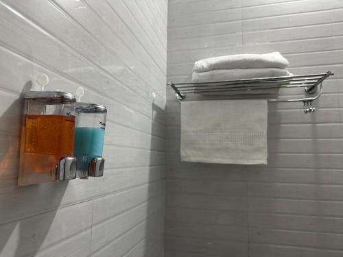 黎明之村Woodside Haven的浴室提供毛巾架和一些毛巾。