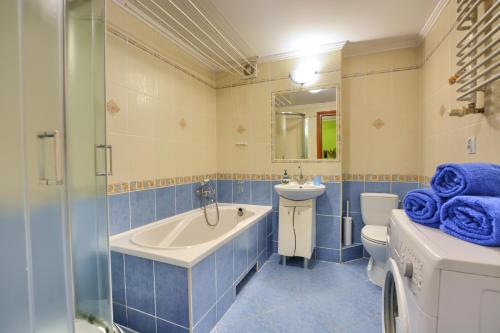 兰卡特Apartament przy Walowej的带浴缸、卫生间和盥洗盆的浴室
