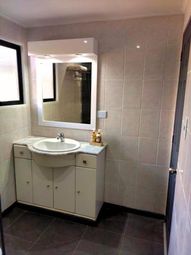 皮尔克Moderna Cabaña con tinaja caliente的一间带水槽和镜子的浴室