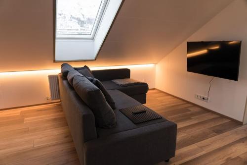 锡格吕菲厄泽Scenic Penthouse - Ocean view & skylight windows的带沙发和平面电视的客厅