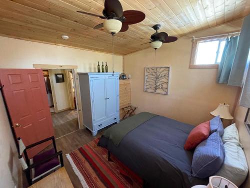 熔岩温泉村Lava Hideout Cabins的一间卧室配有一张床和吊扇