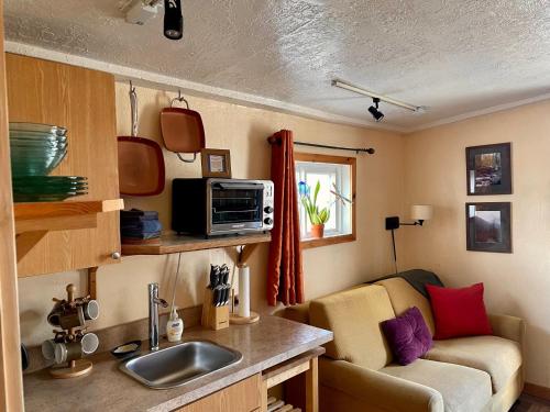 熔岩温泉村Lava Hideout Cabins的一个带水槽的厨房和大篷车内的沙发