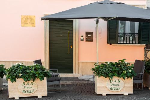 诺尔马B&B Piazza Roma的一张桌子,上面有雨伞,盒子里有两株植物