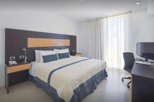锡劳Hotel México Plaza Silao Aeropuerto的一间卧室配有一张床、一张书桌和一台电视