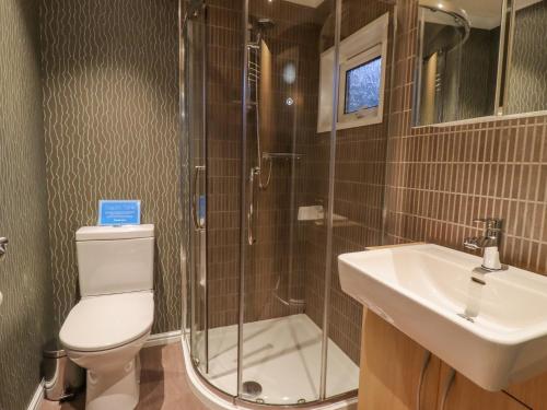 哈罗盖特Swinsty Lodge的带淋浴、卫生间和盥洗盆的浴室