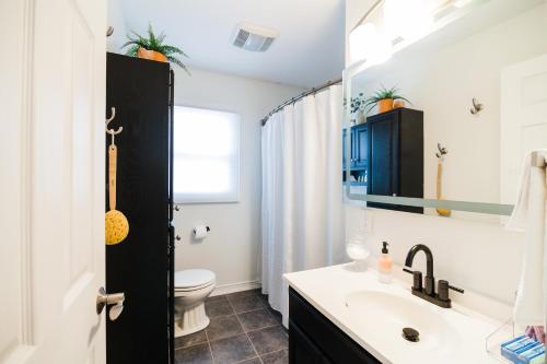 米德兰Exclusive Spread Midland的一间带水槽、卫生间和镜子的浴室