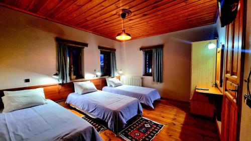 阿里斯蒂Vikos View的一间卧室设有两张床和木制天花板