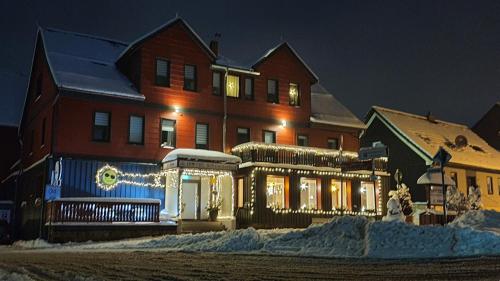 布劳恩拉格Hotel Schneiderhof的前面有圣诞灯的房子