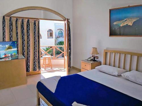 达哈布Red Sea Relax Hotel的一间卧室设有一张床,并有通往庭院的门