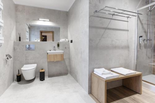 沃姆扎格罗马达沃姆扎酒店的带淋浴、卫生间和盥洗盆的浴室