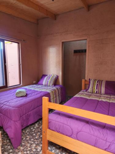 圣佩德罗·德·阿塔卡马Las Casas Hostel Atacama的紫色床单的客房内的两张床