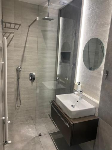 亚历山德鲁波利斯Central cozy apartment with garden的浴室配有盥洗盆和带镜子的淋浴