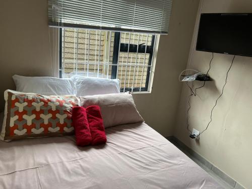 彼得马里茨堡Ikhaya guesthouse2的一张带两个红色枕头的床和窗户